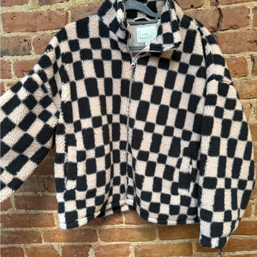 a new day Black & Cream/Light pink Checkerboard Sherpa Zip Jacket